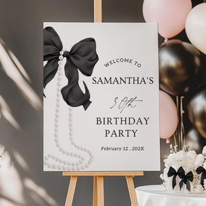 Cartaz de boas-vindas com laço de aniversário, modelo editável, quadro de boas-vindas com laço preto, 30º aniversário, 40º aniversário, editável no Canva