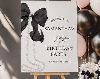 Birthday Welcome Sign Bow Welcome Poster Template Editable Black Bow Welcome Sign Ribbon Welcome Board 30th Birthday 40th Editable in Canva