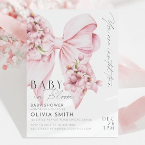 Pink Bow Baby in Bloom Baby Shower Invitation Template Wildflower Baby Shower Elegant Floral Design Coquette Baby Girl Pink Ribbon Editable
