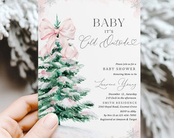 Babyparty-Einladung rosa Bogen-Baby, es ist kalt draußen Mädchen-WeihnachtsBabyparty-Schneeflocke-Schneefall-Winter-Märchenland-Feiertags-Dusche laden ein