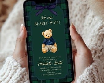 Vintage Classic Polo Teddy Bear Baby Shower Animated Video Invitation for Boys Luxury Editable Bear Shower Invite Template Digital Download