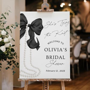 Editable She&#39;s Tying the Knot Bridal Shower Welcome Sign Modern Black Bow Bridal Shower Welcome Sign Pearls Wedding Decor Digital Download