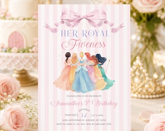 Her Royal Fiveness Watercolor Princess Birthday Invitation: Royal Pink Dress up Party Invite Tiara Crowns Dresses Canva (Editable Template)