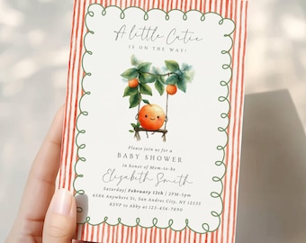 Invitación editable para baby shower "Little Cutie is on Way" con temática de cítricos naranjas, revelación de género "Little Cutie" y rayas verdes (plantilla de Canva).