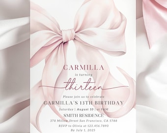 Pink Bow 13th Birthday Tween Coquette 13th Birthday Invitation for Girl Birthday Pink Bow Editable Digital Invite Trendy Girl Birthday Party