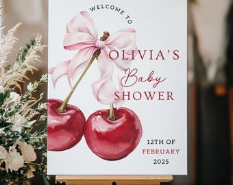 Cherry Baby Shower Welcome Sign Template Pink Bow Baby Shower Sign Cherry on Top Baby Shower Welcome Poster Pink Coquette Girl Ribbon Canva