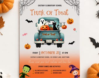 Folleto editable para la fiesta "Truco o trato" de Halloween en la escuela, el vecindario o la iglesia. Descarga instantánea DS03