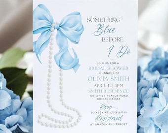 Something Blue Before I Do Bridal Shower Invitation Template Blue Bow Bridal Shower Shes Tying the Knot Bachelorette Coquette Bow and Pearls