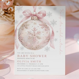 Pink Bow Baby It&#39;s Cold Outside Baby Shower Invitation Template Holiday Christmas Ball A Little Showflake Baby Winter Wonderland Baby Shower