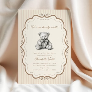 We Can Bearly Wait Baby Shower Invitation Brown Teddy Bear Vintage Bow Baby Shower Invite Gender Neutral Baby Shower Editable Canva Template