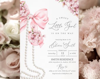 Floral Pink Bow Baby Shower Invitation Template A Sweet Little Girl Baby Shower Invite Girl Bow and Pearls Baby Shower Canva Editable