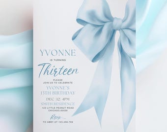 Blue Bow Birthday Invitation Template Watercolor Blue Ribbon Invite Elegant Bow Coquette Girl 13th Birthday Party Bow Theme Instant Download