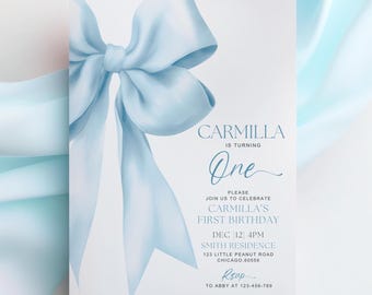Blue Bow 1st Birthday Invitation Soft Pastel Blue Ribbon First Birthday Invite Elegant Coquette Blue Ribbon Watercolor Bow Invite Editable