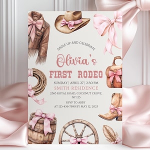 First Rodeo Birthday Invitation Editable My 1st Rodeo Girl Cowgirl Invites Pink Bow Cowgirl Party Invite for Cowgirl Coquette Western Rodeo