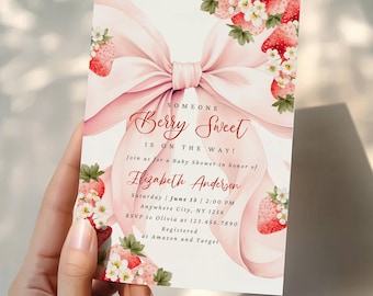 Invitación para baby shower con lazo rosa y diseño de fresas / Invitación para niña con diseño de coquetas y fresas (editable en Canva, descarga digital)