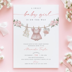 Boho Girl Clothesline Baby Shower Invitation Floral Sweet Baby Girl Invitation Template Pink Girl Baby Shower Invite Editable Canva Template