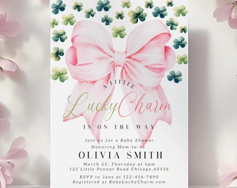 Pink Bow St Patricks Day Baby Shower Invitation Lucky Charm Baby Shower Invitation for March Baby Shower Coquette Little Shamrock Baby Girl