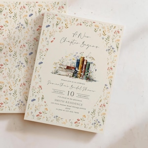 May include: A cream-colored bridal shower invitation and matching envelope featuring a delicate wildflower pattern in pink, yellow, and blue. The invitation displays the text A New Chapter Begins above an illustration of stacked books.