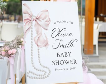 Rosa Schleife Willkommensschild Blush rosa Baby Shower Willkommensschild Druckbare Rosa Schleife und Perle Baby Girl Shower Sign Template Girl Baby Willkommensschild