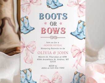 Boots or Bows Gender Reveal Invitation Editable Template Pink and Brown Western Theme Bow Coquette Aesthetic Digital Invite Canva Printable