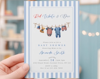 Invitación para baby shower "Red White and Due" / Hecho en EE. UU. Invitación editable en Canva para niño americano del 4 de julio (descarga instantánea)