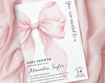 Blozen roze strik babyshower uitnodiging sjabloon babymeisje douche Canva sjabloon elegante moderne roze babyshower uitnodiging direct downloaden