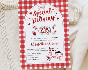 Invitación especial para baby shower con temática de pizza italiana dibujada a mano. Invitación editable para baby shower con diseño de rebanada de pizza. Descarga digital moderna.