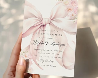 Plantilla de invitación para baby shower con lazo rosa ruborizado, invitación floral para baby shower de niña en Canva, invitación para baby shower rosa primaveral coqueta, descarga digital