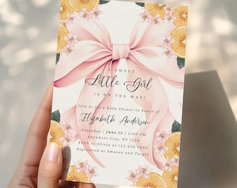 Invitación para baby shower con lazo rosa y temática cítrica / Plantilla editable de invitación para niña coqueta (descarga instantánea)