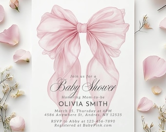 Modello di invito per baby shower con fiocco rosa, stampabile per bambina, invito per baby shower con fiocco rosa Coquette per bambina.
