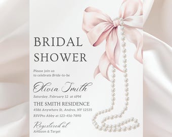 Pink Bow Bridal Shower Invitation Pearl and Bow Bridal Shower Bachelorette Hens Bohemian Bridal Shower Minimalist Invitation Canva Template