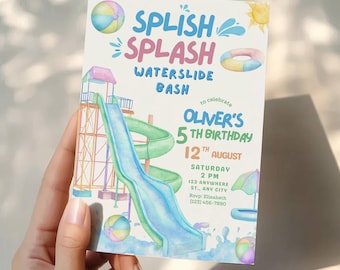 Invitación de cumpleaños con tobogán acuático y salpicaduras / Plantilla de invitación de cumpleaños con temática de piscina en acuarela para Canva / Descarga digital editable