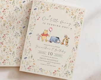 Winnie the Pooh First Birthday Invitation | A Little Honey is Turning One Party Invite (Editable Canva Template Digital Download)