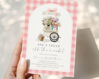 Invitación para despedida de soltera "Recién salida del mercado" con lazo rosa, invitación para brunch nupcial en el mercado de agricultores, plantilla editable "Ella ya no está en el mercado"