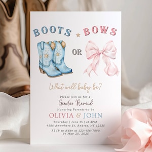 Botas o moños Invitación para revelar el género Invitación para revelar el género de un vaquero Invitación para revelar el género de un occidental Coqueta Él o ella Niño o niña EDITABLE