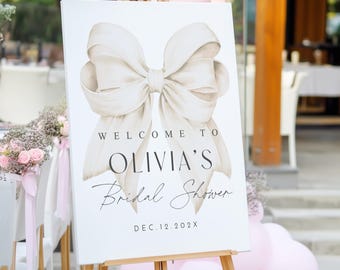 White Bow Bridal Shower Welcome Sign Editable White Bridal Shower Entrance Sign Template White Ribbon She's Tying the Knot Printable Poster