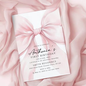 Pink Bow 1st Birthday Invitation Our Little Is Turning One Girl First Birthday Invite Elegant Blush Pink Ribbon Themed Bday Party Invitation