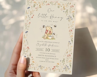 Invitación para baby shower de Winnie the Pooh Little Hunny / Plantilla editable de Canva para invitación clásica vintage de Pooh (descarga instantánea)
