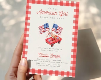 Invitación para baby shower con temática estadounidense del 4 de julio. Invitación para baby shower de niña en rojo, blanco y fecha prevista de parto. Plantilla editable de Canva.