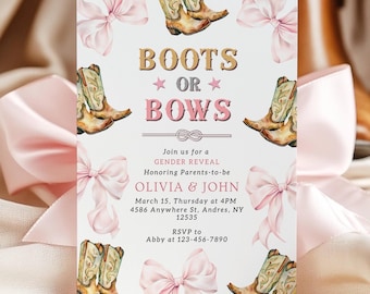 Editable Boots or Bows Gender Reveal Invitation Template Pink and Brown Western Theme Bow Coquette Aesthetic Digital Invite Canva Printable