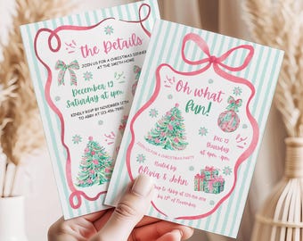 Preppy Oh What Fun Christmas Party Invitation Pink Coquette Holiday Party Invite Hand Drawn Editable Holiday Xmas Party Invitation Printable