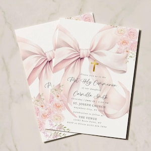 May include: Two First Holy Communion invitations. The cards feature a large pink bow, floral accents, and gold cross. Text includes the name Carmilla Smith, date, time, church, and RSVP information.