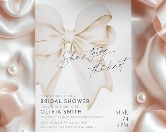 Bow Bridal Shower Invitation Template Editable She's Tying the Knot Bridal Party Watercolor Modern Elegant Beige Bow Bridal Shower Invite
