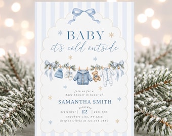 Baby It's Cold Outside Baby Shower Invitation | Dusty Blue Winter Clothesline Baby Shower Invite Editable Canva Templates (Digital Download)