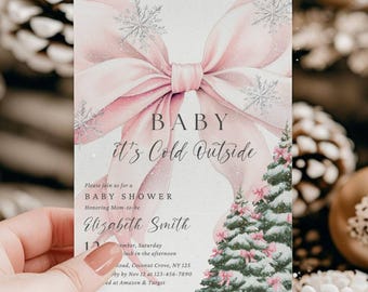 Babyparty-Einladung rosa Bogen-Baby, es ist kalt draußen Mädchen-WeihnachtsBabyparty-Schneeflocke-Schneefall-Winter-Märchenland-Feiertags-Dusche laden ein