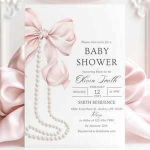 Pink Bow Baby Shower Invitation Template Editable for Baby Girl Pink Coquette Pearls Baby Shower Invite Baby Shower Girl Coquette Bow Invite