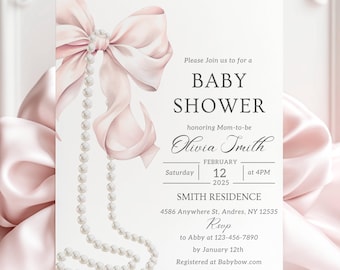 Pink Bow Baby Shower Invitation Template Editable for Baby Girl Pink Coquette Pearls Baby Shower Invite Baby Shower Girl Coquette Bow Invite