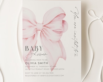 Modello di invito per baby shower con fiocco rosa, stampabile, invito per baby shower con fiocco rosa e coquette per bambina, invito per baby shower con fiocco rosa e coquette su tela.