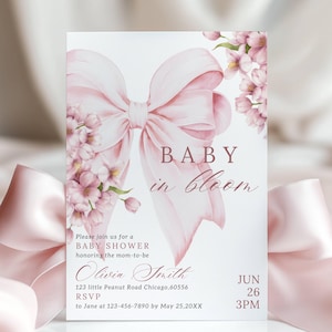Wildflower Baby Shower Invite Pink Bow Baby in Bloom Baby Shower Invitation Elegant Pink Floral Coquette Baby Girl Editable Canva Template