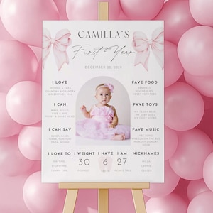 Rosa Schleife Geburtstag Meilenstein Schild, Rosa Schleife 1. Geburtstag Meilensteintafel, Meilenstein Poster mit Foto, Baby Erstes Jahr Stats Rosa Schleife Mädchen